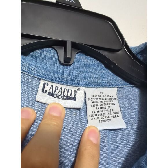 Vintage Capacity Woman Denim Button Down Shirt Blue Flower Embroidery Size 3XL - Picture 3 of 8